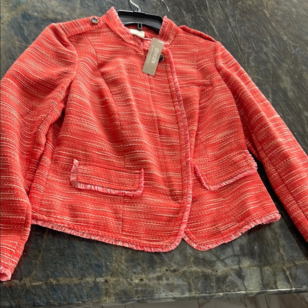 Chico's Red Textured Blazer Modern Collarless Design